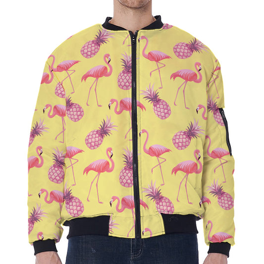 Pineapple And Flamingo Pattern Print Zip Sleeve Bomber Jacket