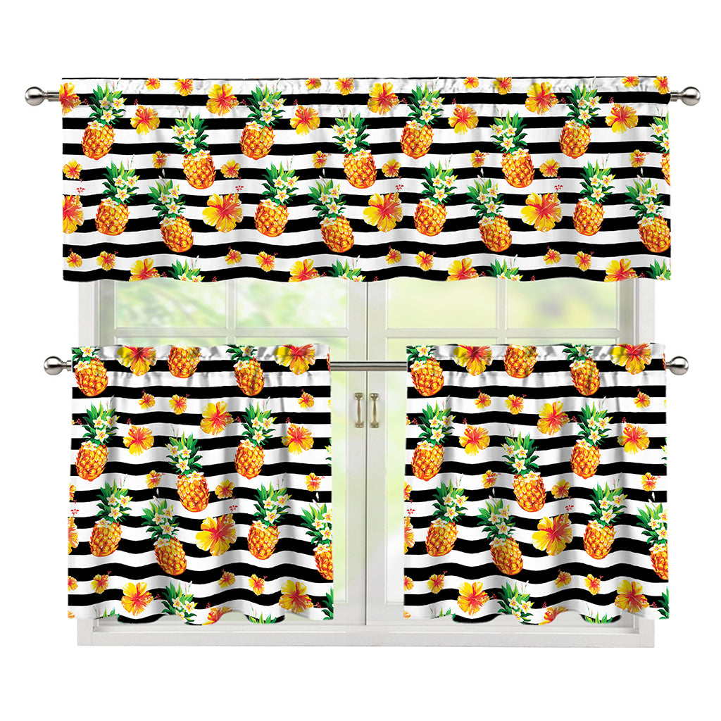 Pineapple And Hibiscus Striped Print 3 Piece Kitchen Curtains