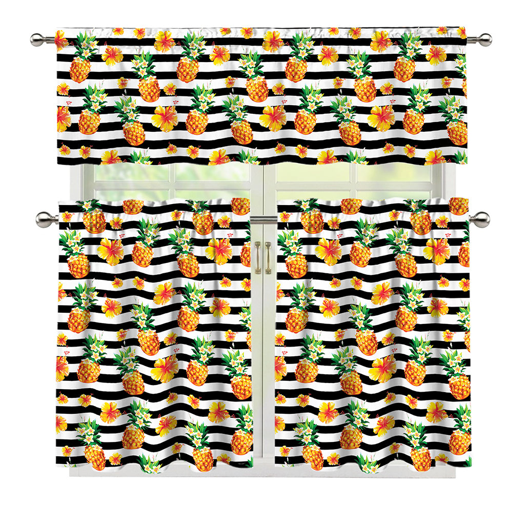 Pineapple And Hibiscus Striped Print 3 Piece Kitchen Curtains