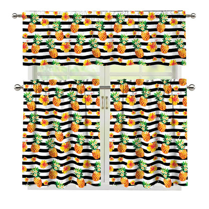 Pineapple And Hibiscus Striped Print 3 Piece Kitchen Curtains