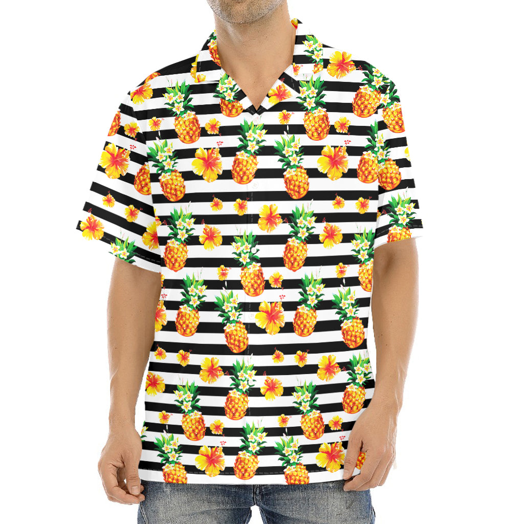 Pineapple And Hibiscus Striped Print Aloha Shirt