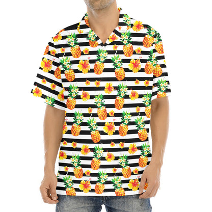 Pineapple And Hibiscus Striped Print Aloha Shirt