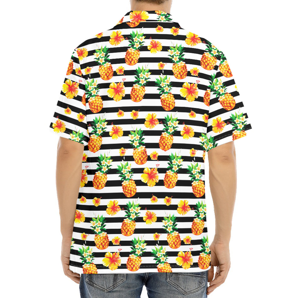 Pineapple And Hibiscus Striped Print Aloha Shirt