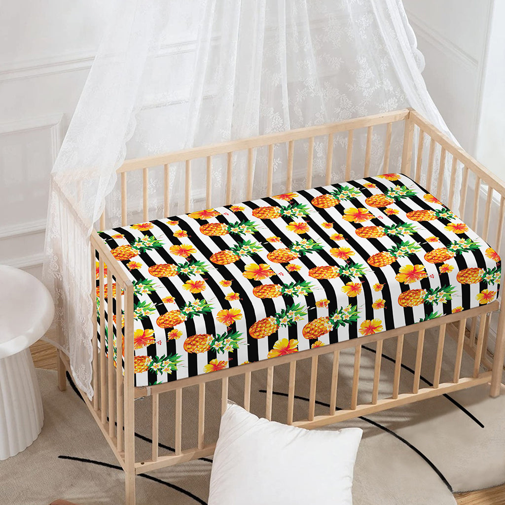 Pineapple And Hibiscus Striped Print Baby Crib Sheet