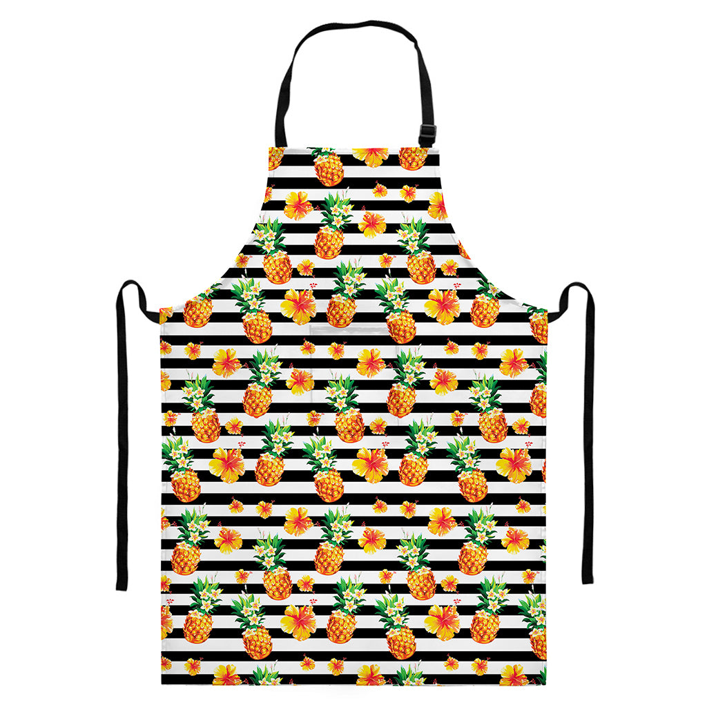 Pineapple And Hibiscus Striped Print Bib Apron With Pocket