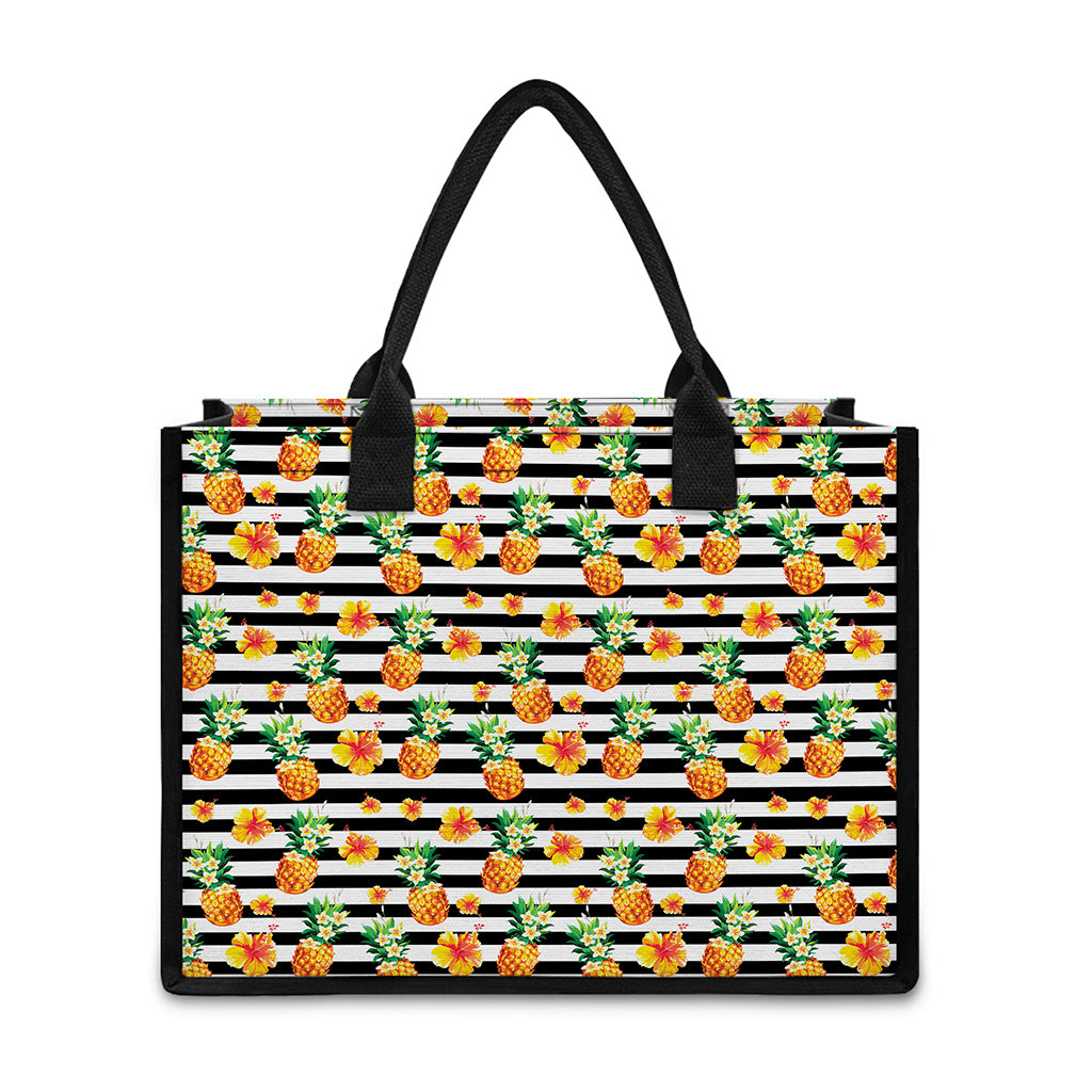 Pineapple And Hibiscus Striped Print Canvas Tote Bag