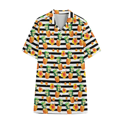 Pineapple And Hibiscus Striped Print Cotton Hawaiian Shirt