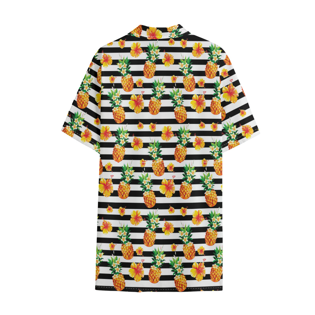 Pineapple And Hibiscus Striped Print Cotton Hawaiian Shirt