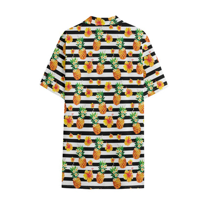 Pineapple And Hibiscus Striped Print Cotton Hawaiian Shirt