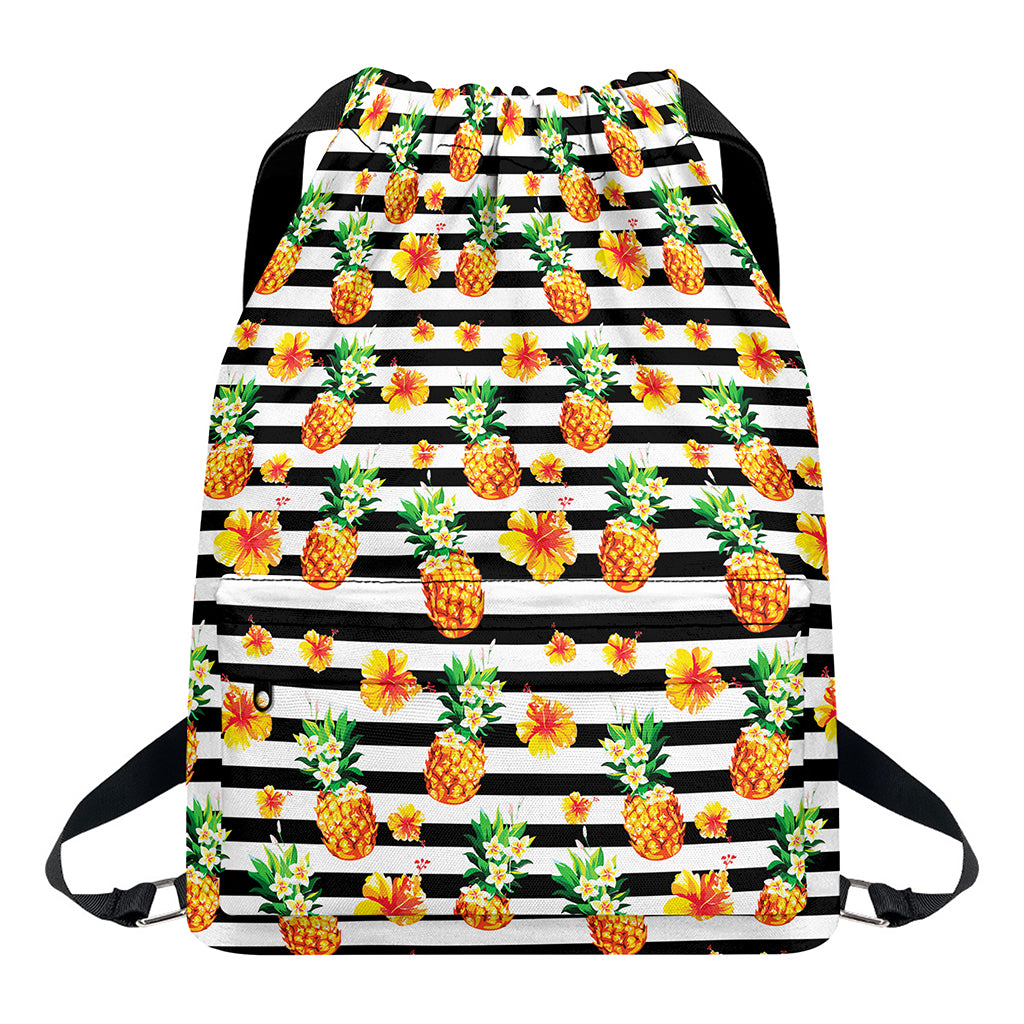 Pineapple And Hibiscus Striped Print Drawstring Backpack