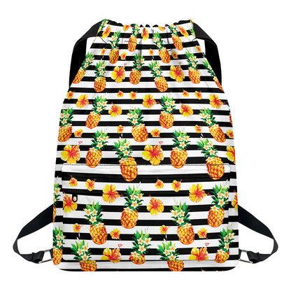 Pineapple And Hibiscus Striped Print Drawstring Backpack