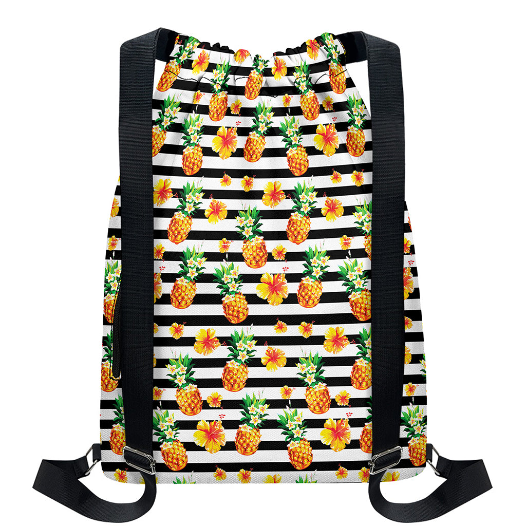 Pineapple And Hibiscus Striped Print Drawstring Backpack
