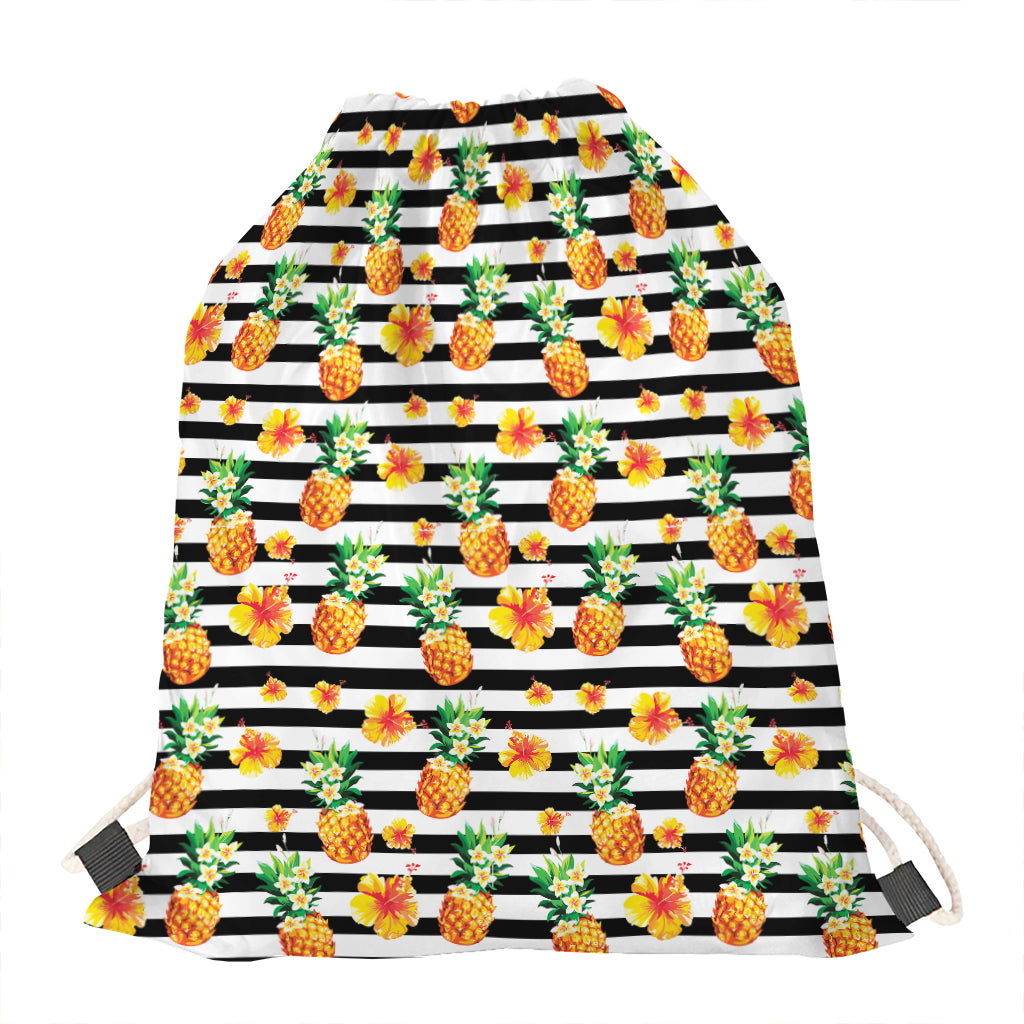 Pineapple And Hibiscus Striped Print Drawstring Bag