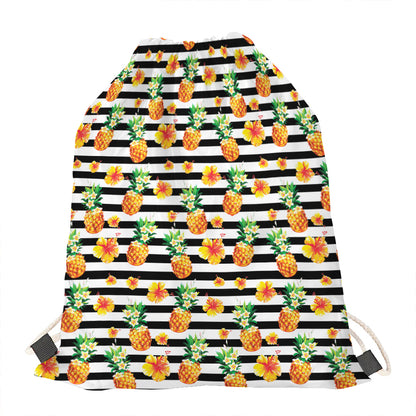 Pineapple And Hibiscus Striped Print Drawstring Bag