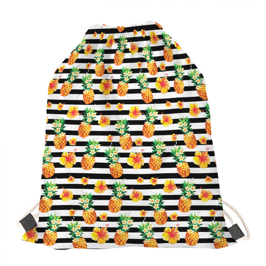 Pineapple And Hibiscus Striped Print Drawstring Bag