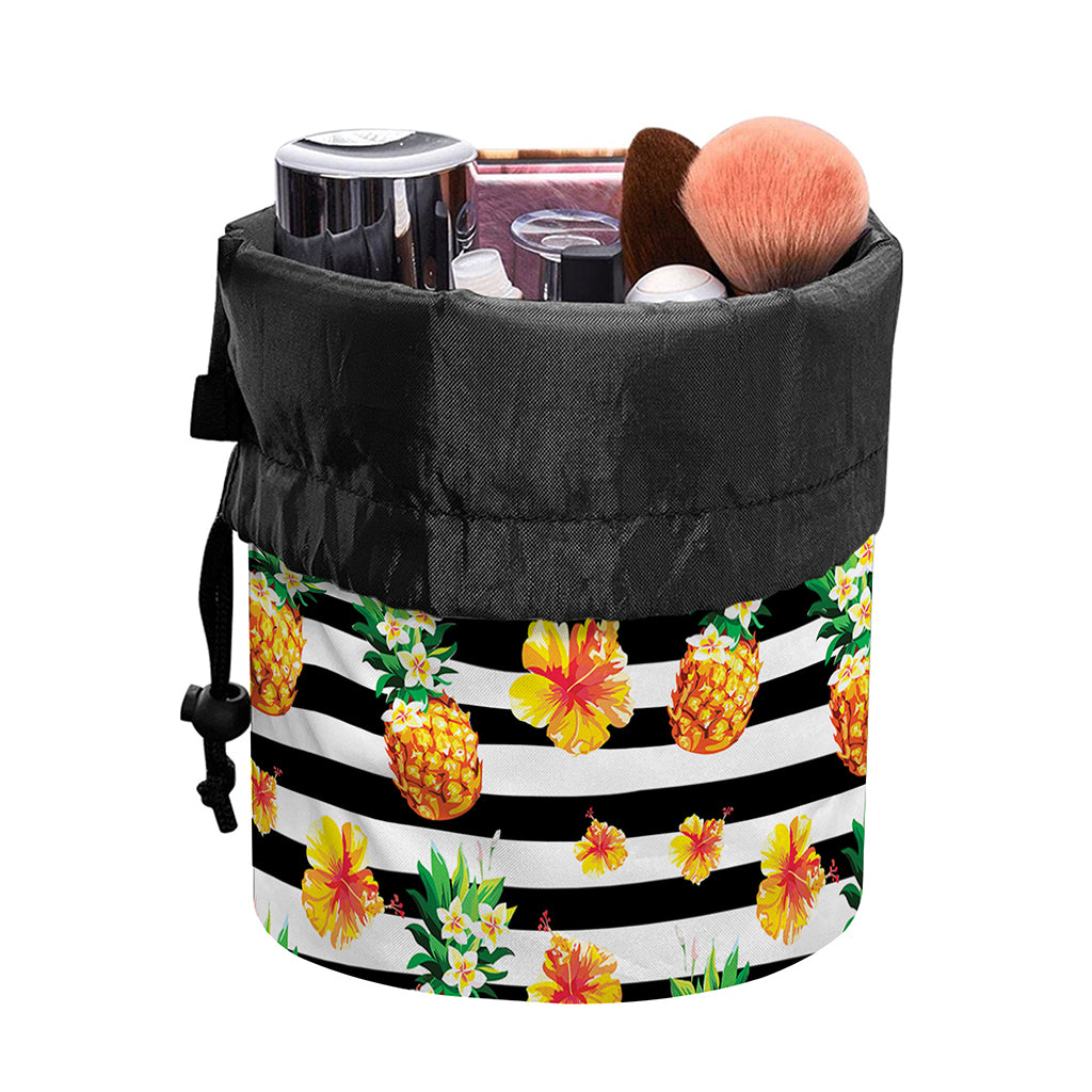 Pineapple And Hibiscus Striped Print Drawstring Makeup Bag