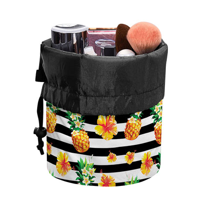 Pineapple And Hibiscus Striped Print Drawstring Makeup Bag