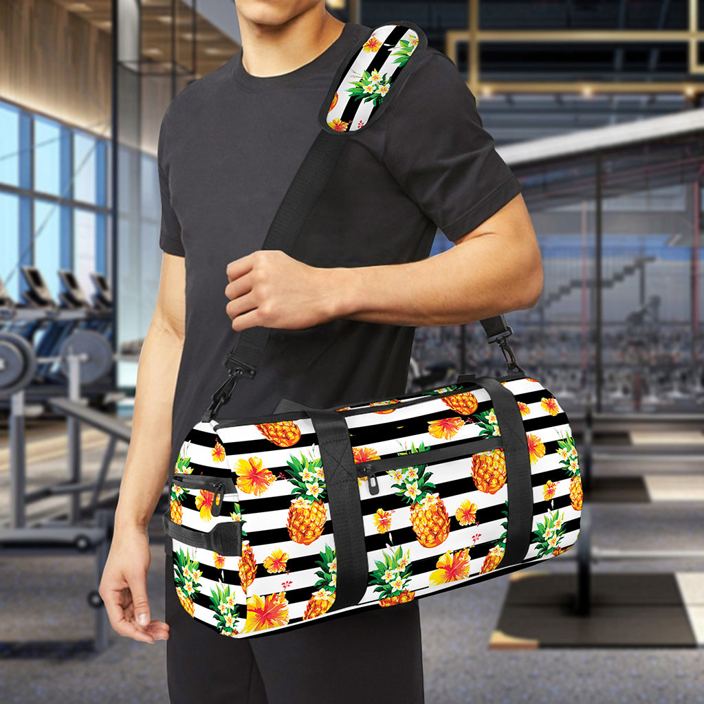 Pineapple And Hibiscus Striped Print Gym Bag