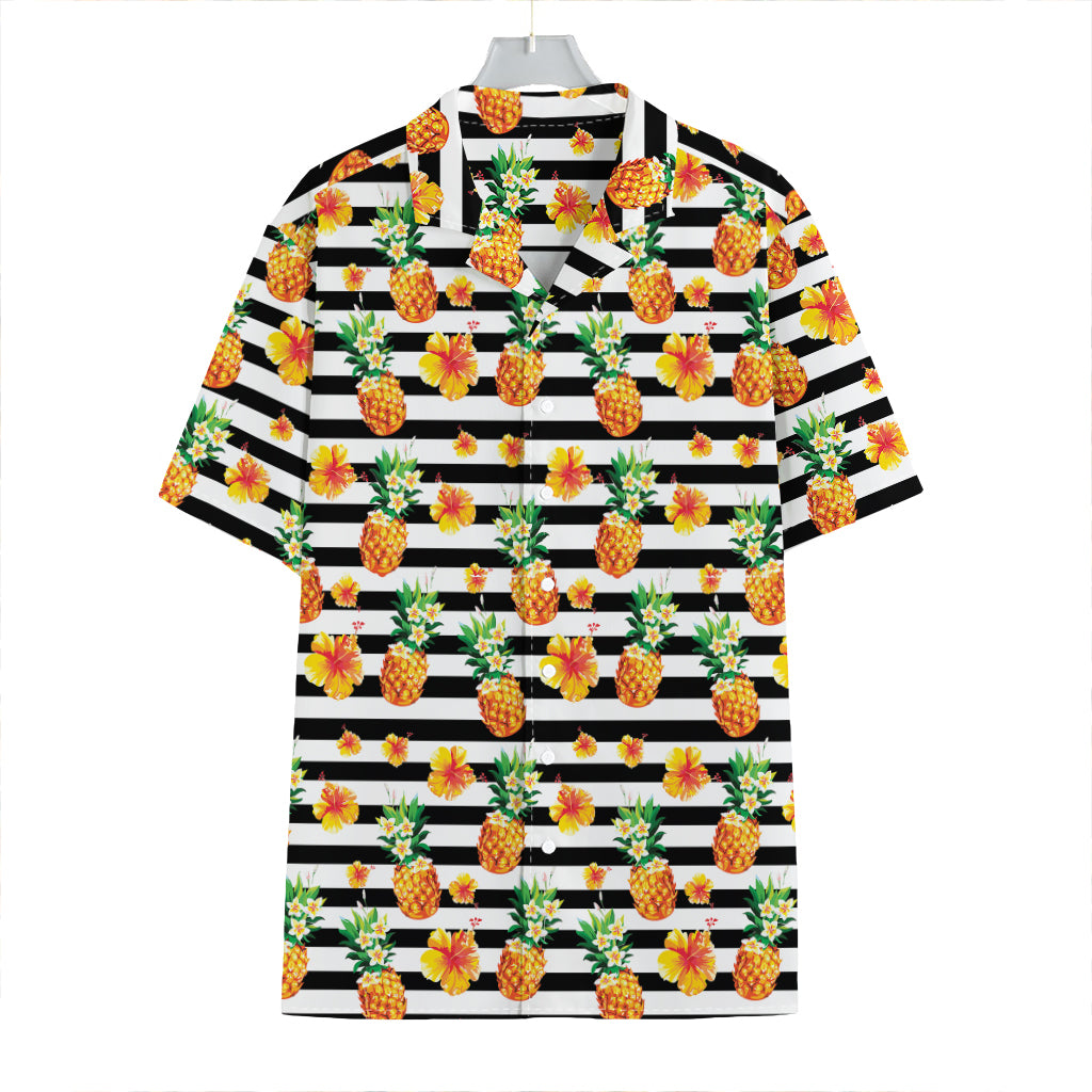 Pineapple And Hibiscus Striped Print Hawaiian Shirt