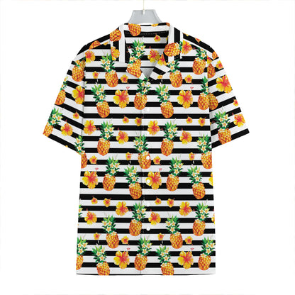 Pineapple And Hibiscus Striped Print Hawaiian Shirt