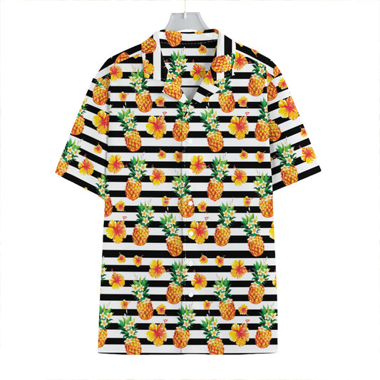Pineapple And Hibiscus Striped Print Hawaiian Shirt
