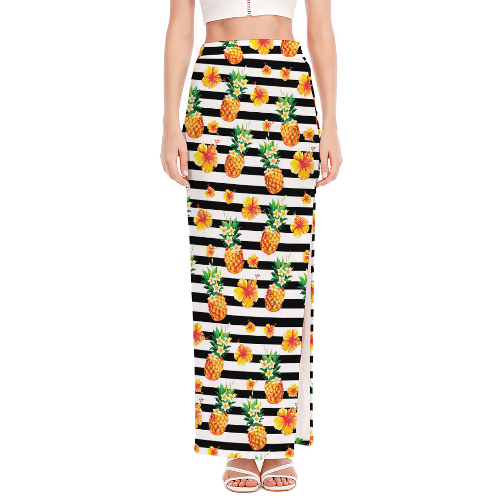 Pineapple And Hibiscus Striped Print High Slit Maxi Skirt