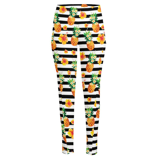 Pineapple And Hibiscus Striped Print High-Waisted Pocket Leggings