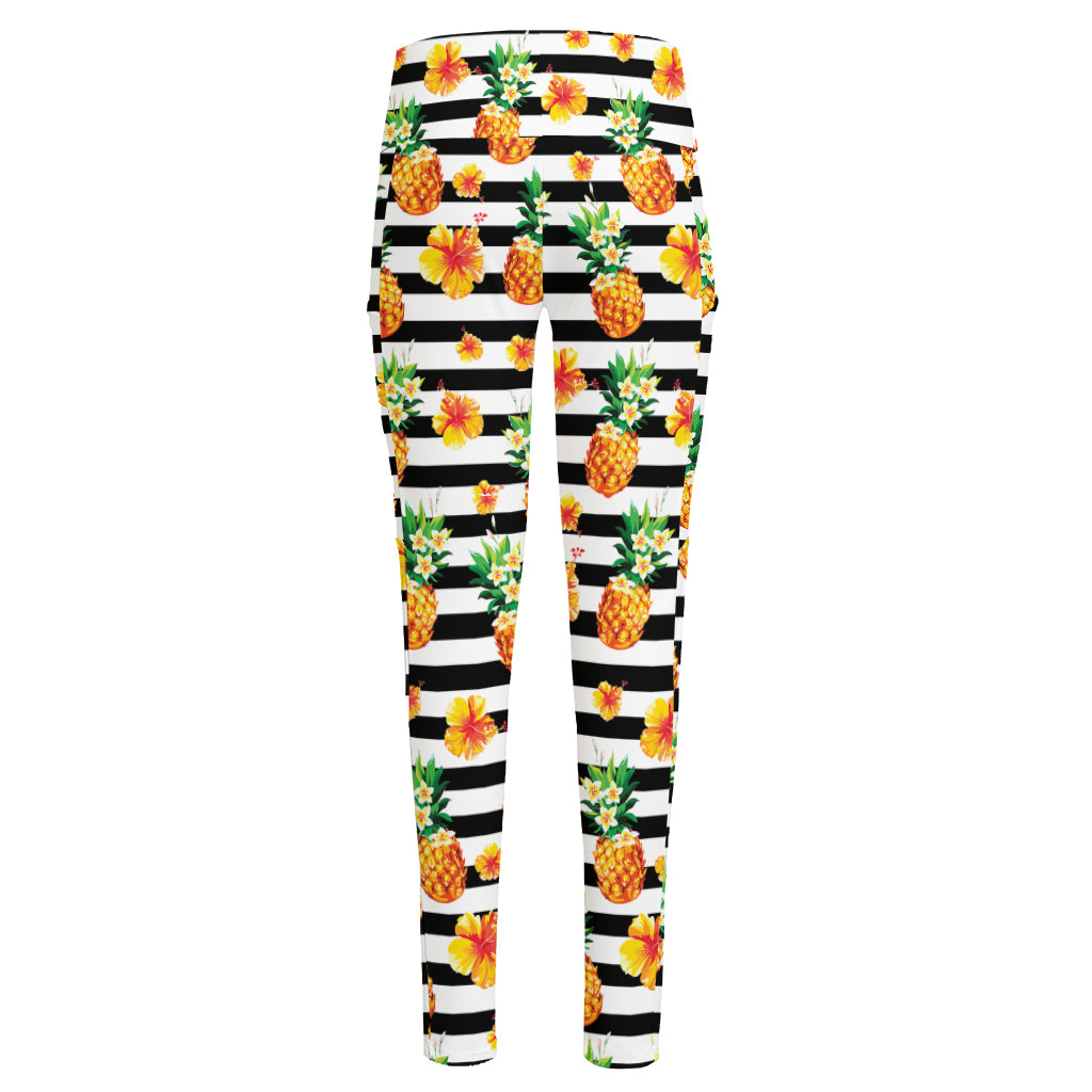 Pineapple And Hibiscus Striped Print High-Waisted Pocket Leggings