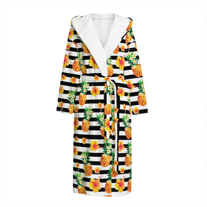 Pineapple And Hibiscus Striped Print Hooded Bathrobe