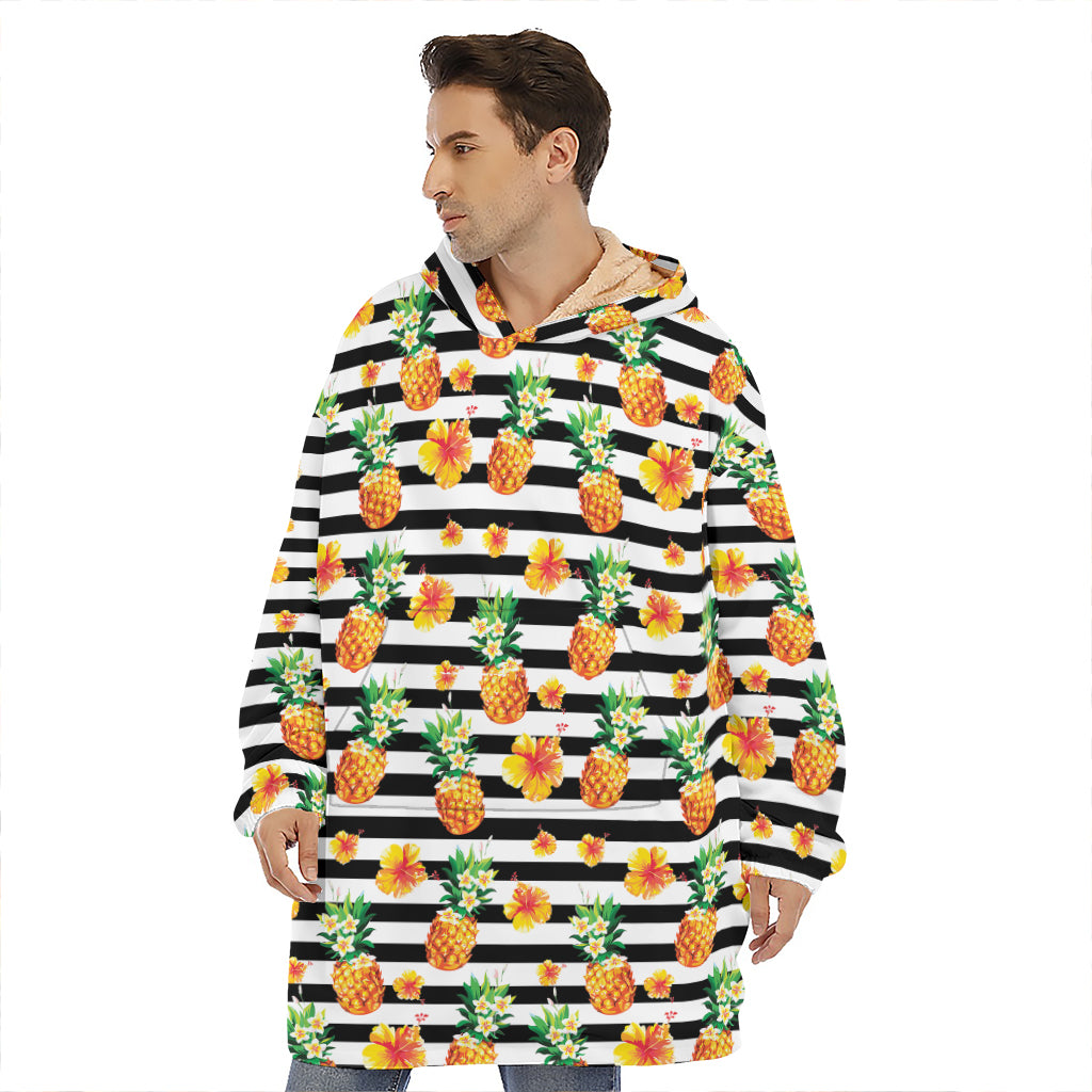 Pineapple And Hibiscus Striped Print Hoodie Blanket