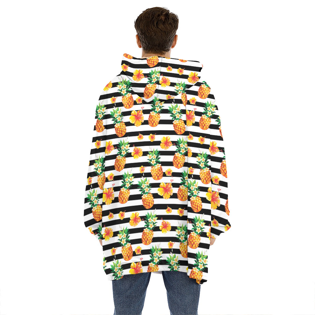 Pineapple And Hibiscus Striped Print Hoodie Blanket