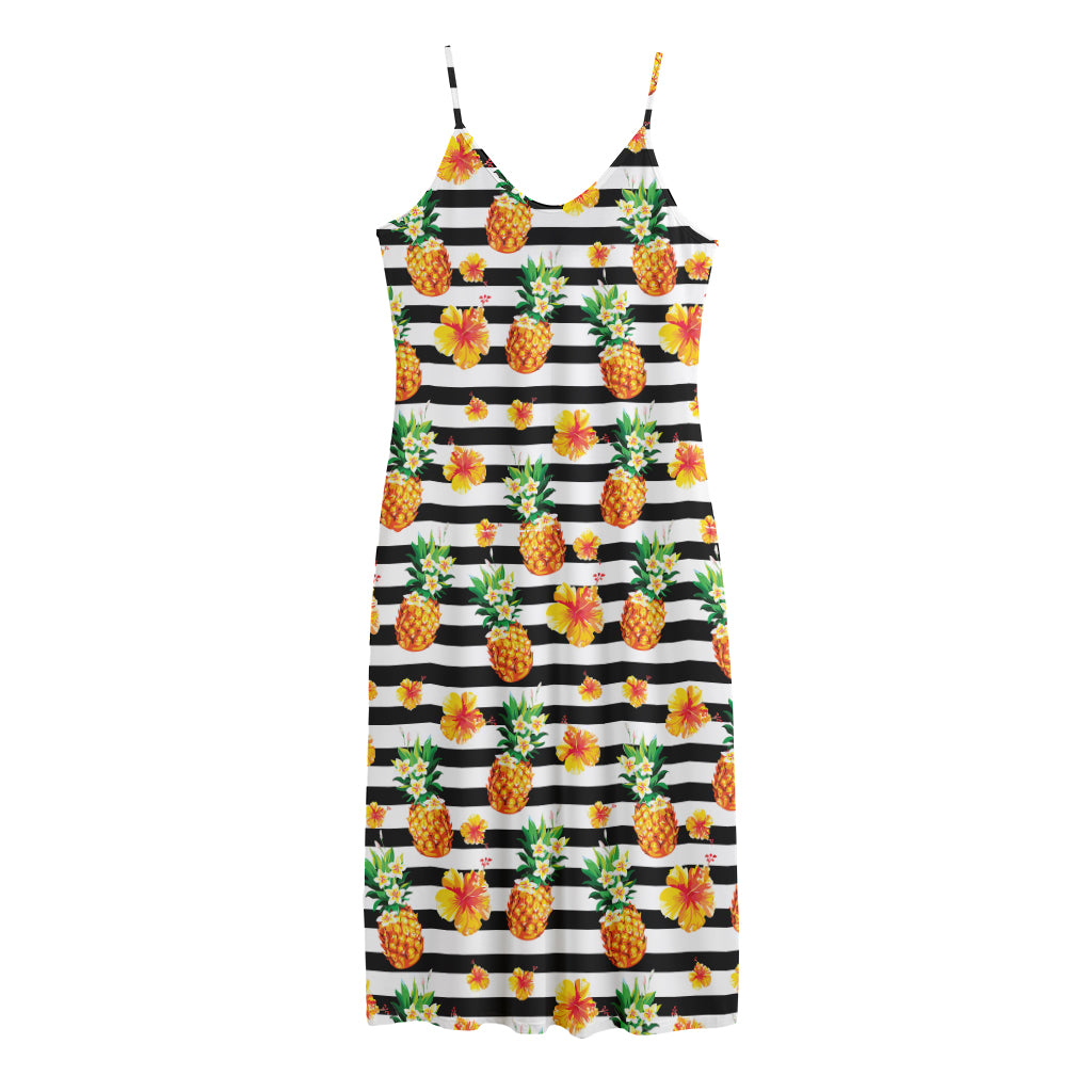 Pineapple And Hibiscus Striped Print Jersey Midi Cami Dress