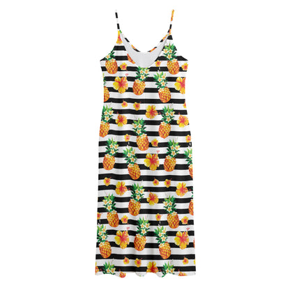 Pineapple And Hibiscus Striped Print Jersey Midi Cami Dress