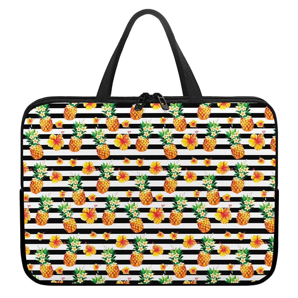 Pineapple And Hibiscus Striped Print Laptop Sleeve With Handle