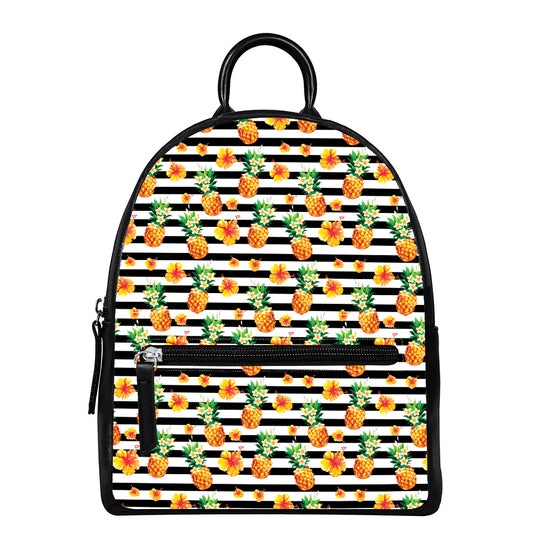 Pineapple And Hibiscus Striped Print Leather Backpack