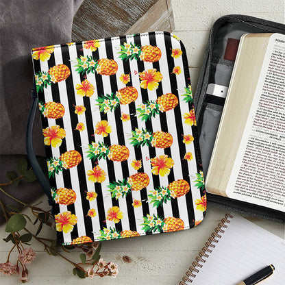 Pineapple And Hibiscus Striped Print Leather Bible Cover