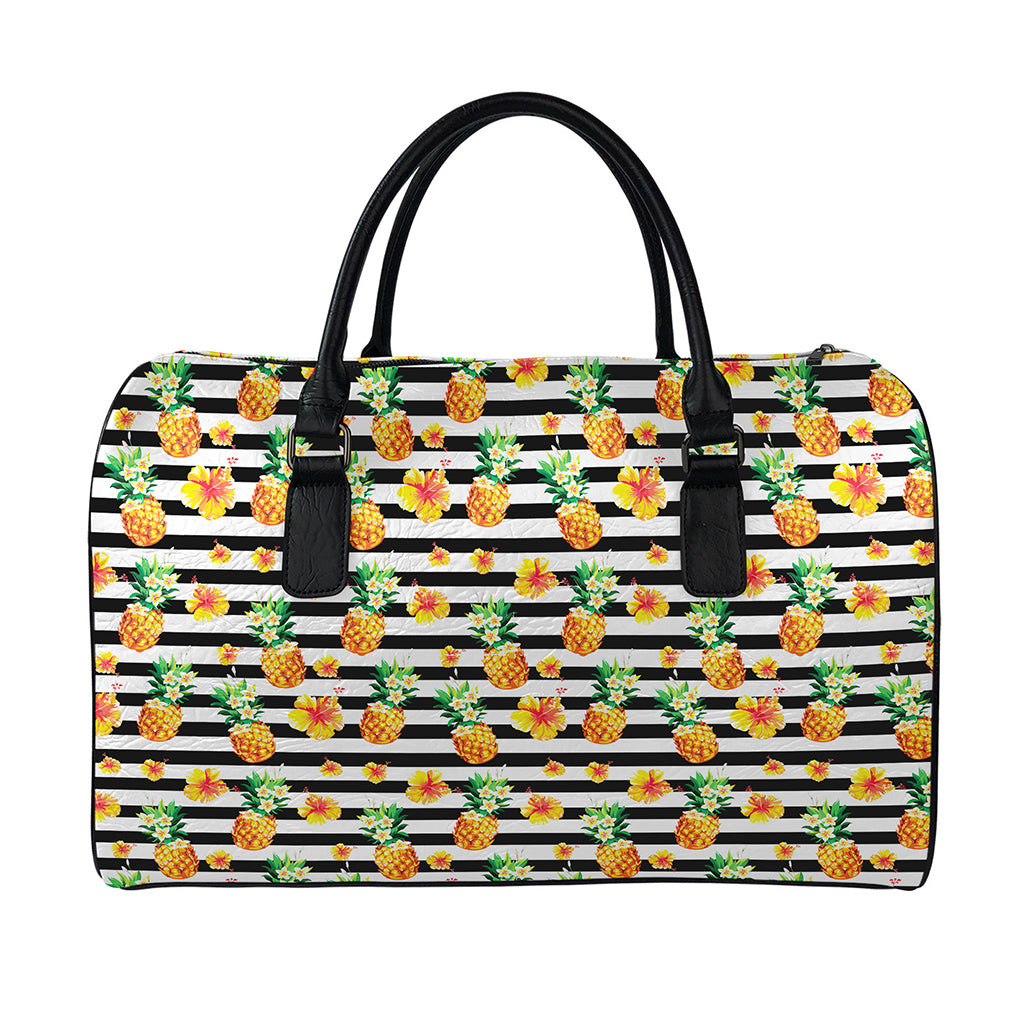 Pineapple And Hibiscus Striped Print Leather Duffle Bag