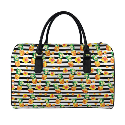 Pineapple And Hibiscus Striped Print Leather Duffle Bag