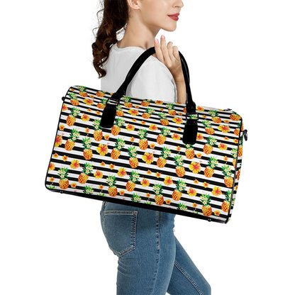 Pineapple And Hibiscus Striped Print Leather Duffle Bag