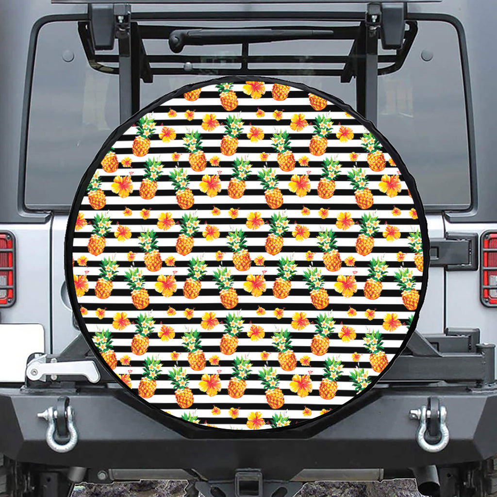 Pineapple And Hibiscus Striped Print Leather Spare Tire Cover