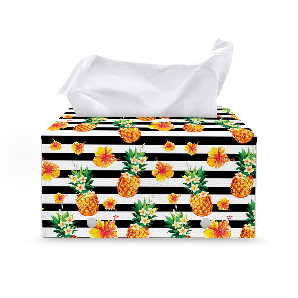Pineapple And Hibiscus Striped Print Leather Tissue Box Cover