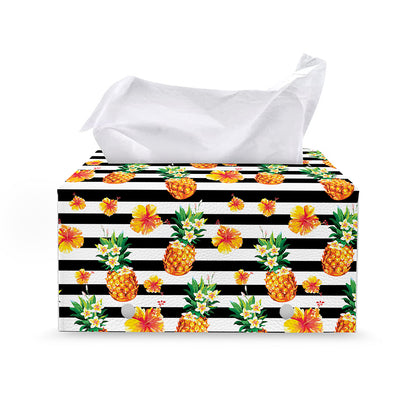Pineapple And Hibiscus Striped Print Leather Tissue Box Cover