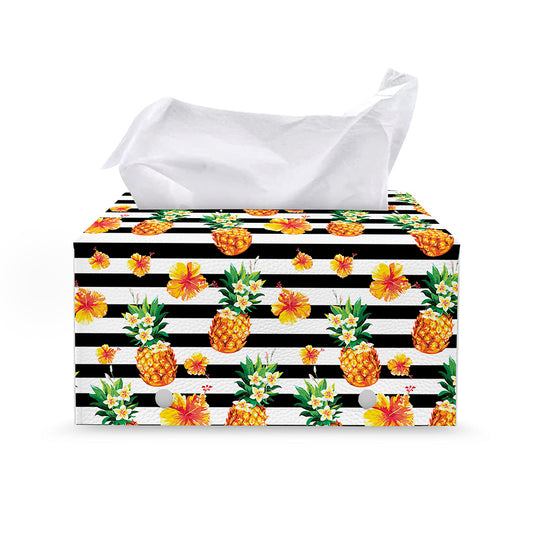 Pineapple And Hibiscus Striped Print Leather Tissue Box Cover
