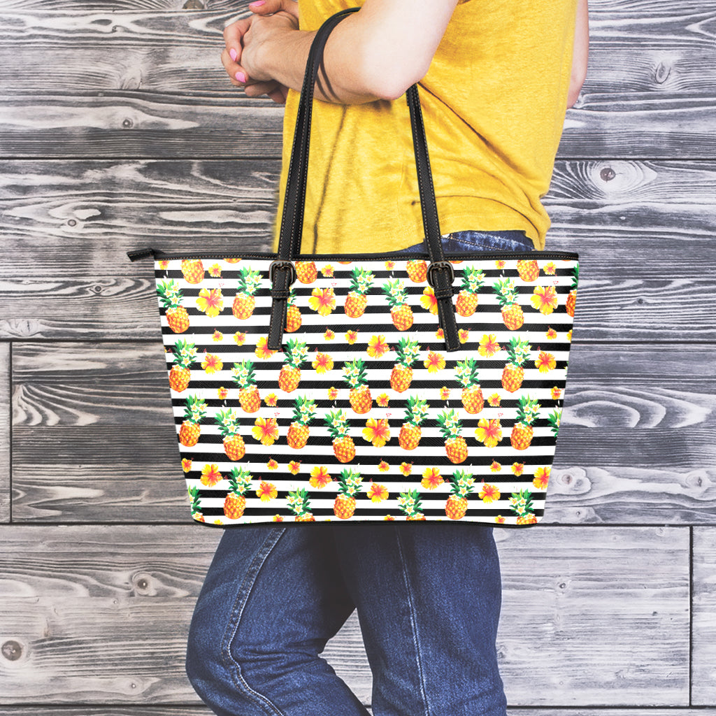 Pineapple And Hibiscus Striped Print Leather Tote Bag