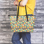 Pineapple And Hibiscus Striped Print Leather Tote Bag