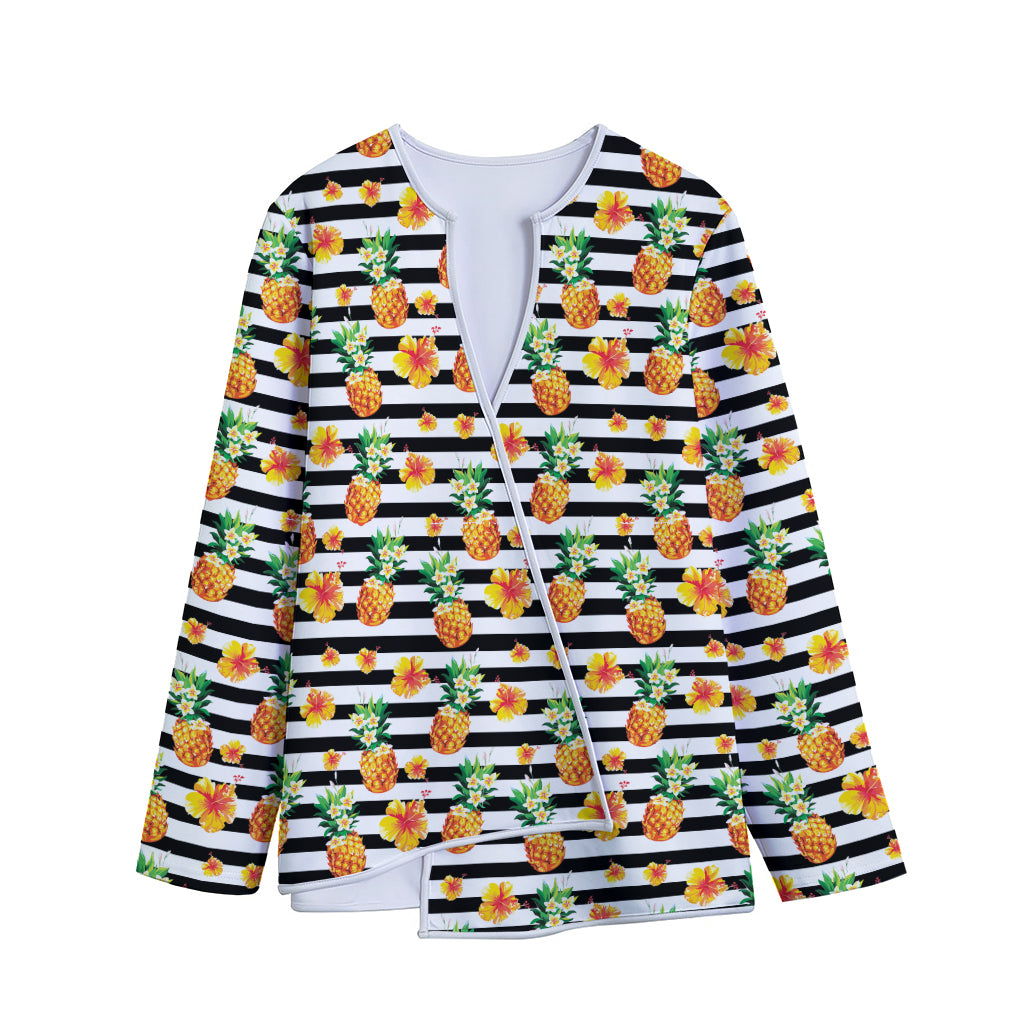 Pineapple And Hibiscus Striped Print Long Sleeve Short Coat