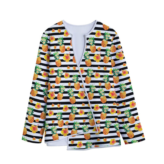 Pineapple And Hibiscus Striped Print Long Sleeve Short Coat