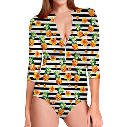 Pineapple And Hibiscus Striped Print Long Sleeve Swimsuit