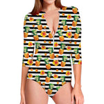 Pineapple And Hibiscus Striped Print Long Sleeve Swimsuit