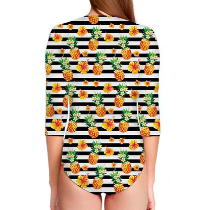 Pineapple And Hibiscus Striped Print Long Sleeve Swimsuit